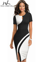 Nice-forever Elegant Stylish Contrast Color Patchwork Bodycon Dress